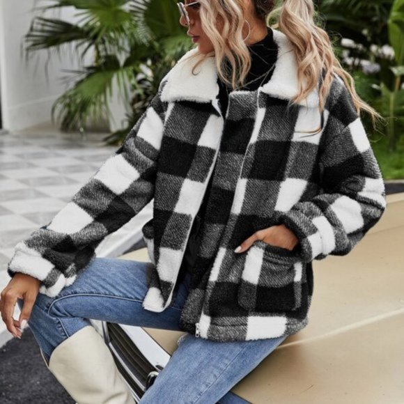 Jackets & Blazers - BOHO BABE Buffalo Plaid Zip Up Teddy Coat